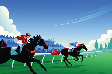 Create a vibrant vector illustration of a thrilling horse race, showcasing multiple horses, jockeys in full racing attire, and dynamic movement.