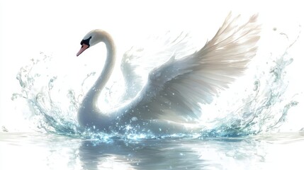 Graceful White Swan Splashing in Water with Elegant Wings Spread Against a Bright Background