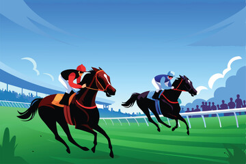 Create a vibrant vector illustration of a thrilling horse race, showcasing powerful horses, skilled jockeys, and dynamic action.