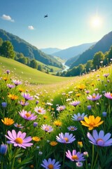 Obraz premium Serene Meadow Landscape Featuring Vibrant Wildflowers Under a Sunny Sky with a Distant Aircraft