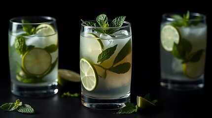 Close-up view of mojito cocktail in glasses, mint and limes on black, cocktail drinks concept