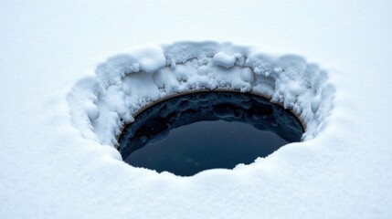 A serene winter scene featuring a circular pool of dark water encased within a pristine blanket of snow.