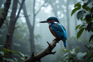 Obraz premium Vibrant Blue Kingfisher Perched on Branch in Misty Forest