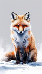 Fototapeta premium Arctic Fox in the Snow watercolor in Cold Climate Animals on plain white background