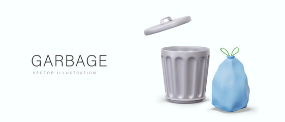 Metal bucket with lid, garbage bag. Garbage container for household waste. Vector composition in realistic style. Concept of cleaning, garbage removal