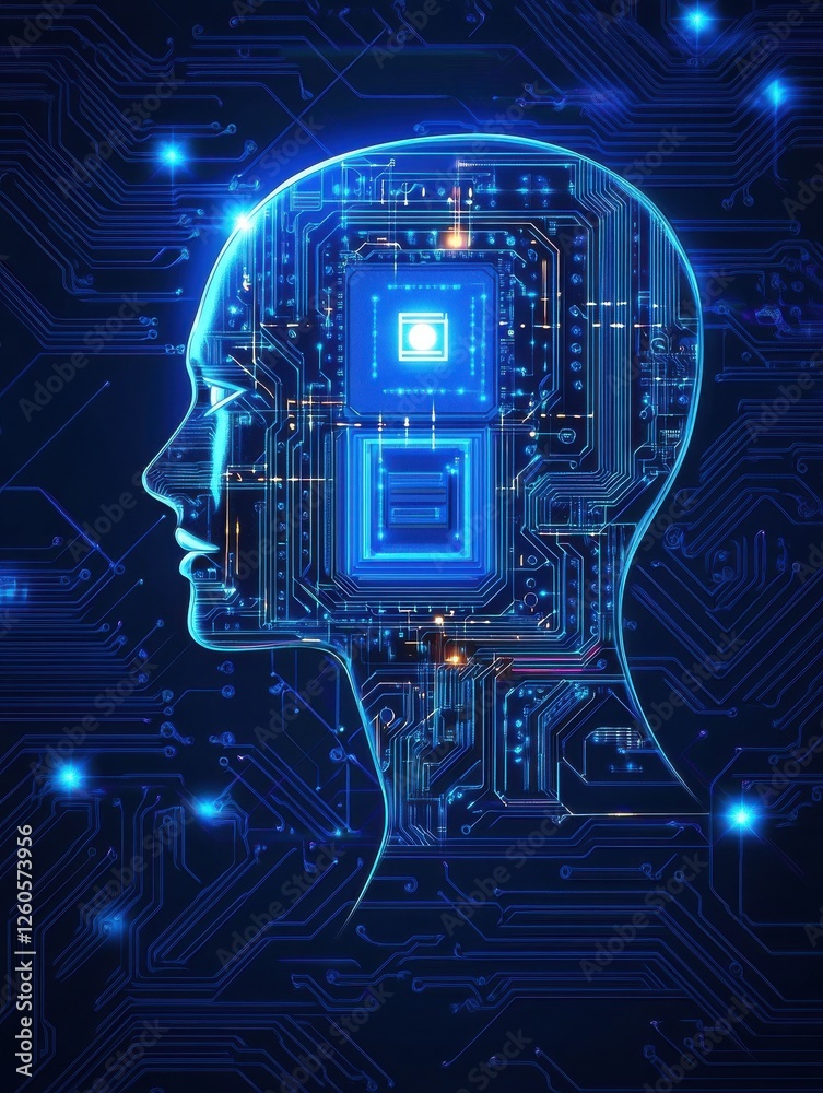 Poster blue tech background with ai processor chip on circuit board.