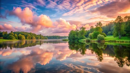 Soft pink clouds with a serene landscape