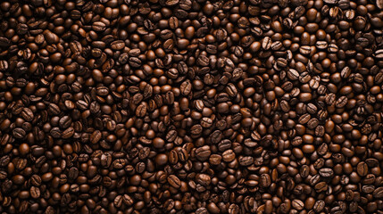 Coffee beans in a rich brown hue spread across a flat surface