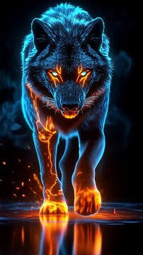 fiery wolf prowling forward with glowing flames, designed for AMOLED-friendly mobile live wallpapers, creating a powerful and dynamic visual effect.