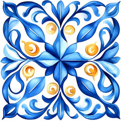 Watercolor artwork, blue and yellow azulejos tile Traditional Portuguese Mosaic