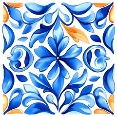 Watercolor artwork, blue and yellow azulejos tile Traditional Portuguese Mosaic