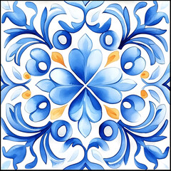 Watercolor artwork, blue and yellow azulejos tile Traditional Portuguese Mosaic