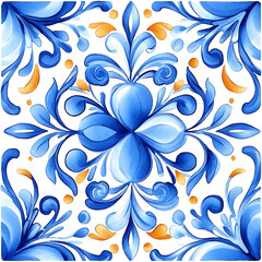 Watercolor artwork, blue and yellow azulejos tile Traditional Portuguese Mosaic