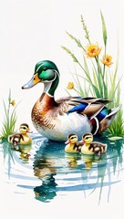 Obraz premium Duck and Her Ducklings in a Pond watercolor in Waterfowl on plain white background