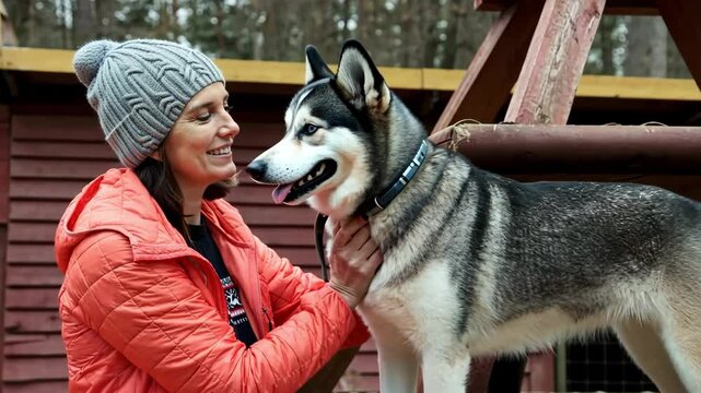 Woman playing with huskie