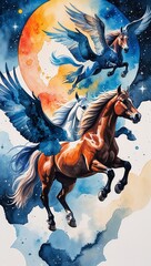 Flying Horses Across a Celestial Sky watercolor in Fantasy & Abstract on plain white background