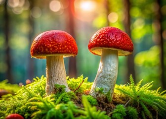 Close-up of Two Red-Capped Scaber Stalks Mushrooms in Summer Forest