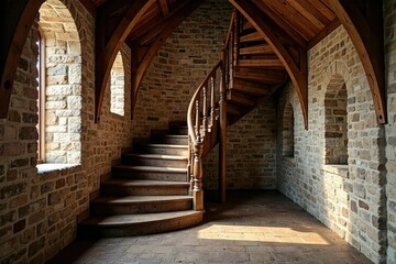 Narrow spiral staircase winding up to the loft, loft, loft staircase wooden beams vaulted ceiling stone pillars rustic church, wooden