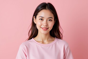 Fototapeta premium Beautiful Asian Woman with Long Brown Hair Smiling Pink Background Portrait