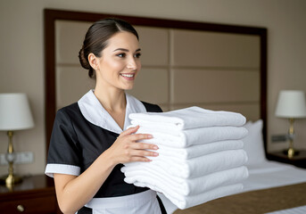 Housekeeper holding towels in a hotel room with professional cleaning service and hospitality focus