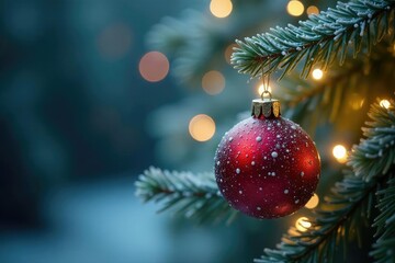 Ornament on a frosted fir branch with soft glowing lights, snowflake branch, festive branch
