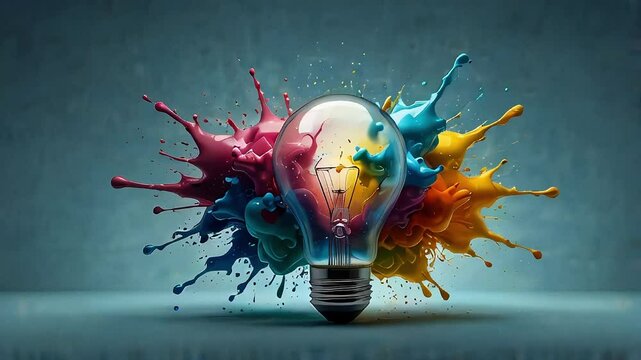 Creative explosion of colorful paint bursting from a light bulb, symbolizing innovation, inspiration, and artistic expression, vibrant energy and bold colors in high resolution