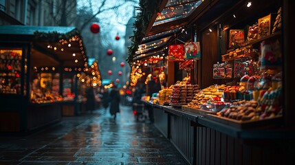 Christmas market, rainy day, Europe, festive atmosphere, street scene, shop stalls, delicious treats, perfect for holiday background