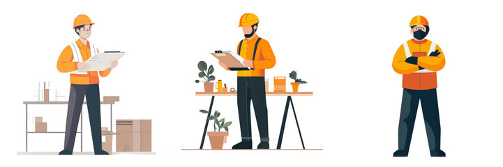 Industrial worker ensuring workplace health and safety standards, flat design illustration, isolated on light background
