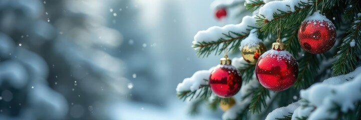 snow-covered fir branches adorned with intricate red and gold ornaments, snowy winter scene, gold accents