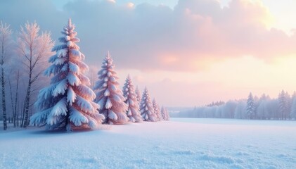 Snow covered ground with frosty trees against a serene pastel sky, soft focus, landscape
