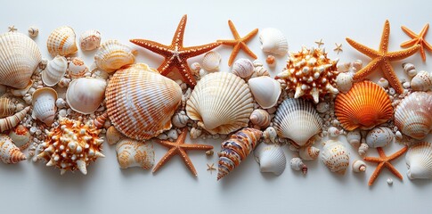 Obraz premium A high angle shot of starfish and seashells on a clean white background