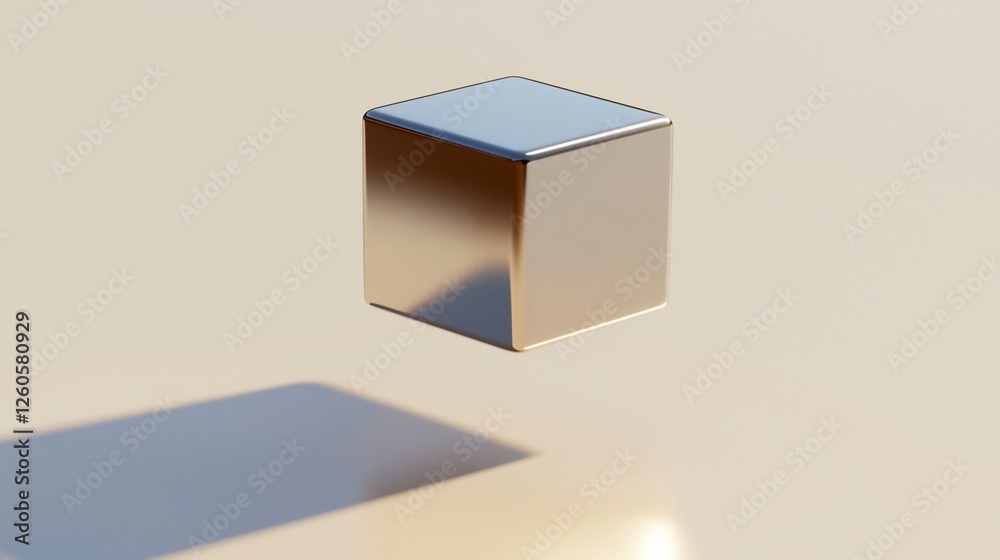 Poster chrome cube floats, soft light, minimal background, product display