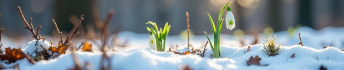 Snowdrop stems poking through the frozen ground with bare branches, life, winter