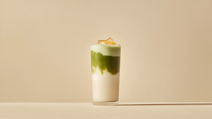 Refreshing layered drink with matcha and ice, creating an appealing beverage presentation. Minimalistic style.