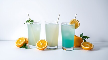 Fototapeta premium Set of different lemonade drinks made with soda water on white background