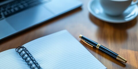 Office desk, notebook, pen, laptop, coffee.  Work planning concept