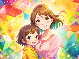 Colorful Anime Mother's Day Geometric Art: Happy Mom & Child