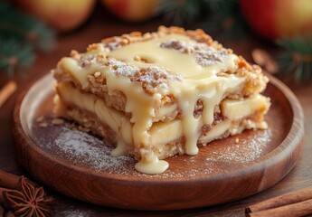 Freshly Baked Apple Dessert with Creamy Sauce on Wooden Plate Surrounded by Warm Autumn Decor and Spices for Cozy Seasonal Gathering