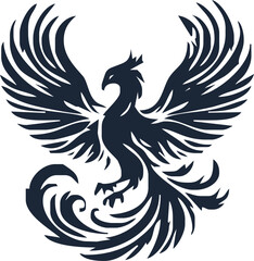 Phoenix. Vector illustration of fire bird in tattoo style. Logo for a sports team or fashionable clothes. Mythical symbol of freedom, rebirth and rising. Phoenix emblem
