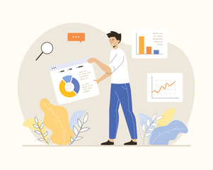 Financial data analysis, analytics concept. Man analyzes graphs, charts, business dashboard, prepares a report. Flat vector illustration.