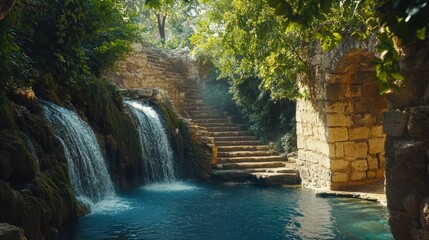 Fototapeta premium Serene Waterfall Oasis Steps Garden