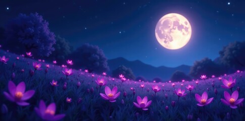 Fototapeta premium The purple flowers seem to glow in the soft moonlight, shadows dance, moonlit night