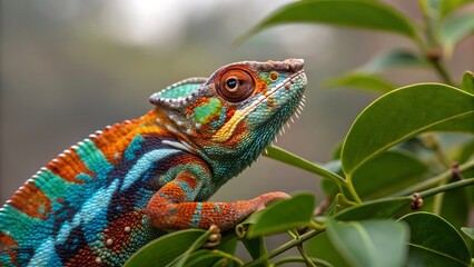 Obraz premium A green chameleon, a wild reptile with intricate scales, perches on a tree branch in its natural habitat