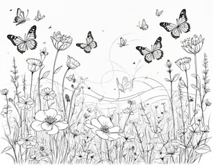 Intricate Nature Scene with Butterflies and Flowers in Bloom - Black and White