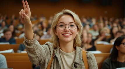 Engaged Learning Empowered Woman Raising Her Hand in a Seminar, Actively Participating in a Conference Discussion and Enriching Her Learning Experience Discover the dynamism of interactive education