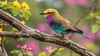 Fototapeta premium A colorful lilac-breasted roller perches on a branch, its vibrant plumage a beautiful sight in the wild