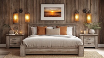 Cozy Rustic Bedroom with Wooden Furniture and Warm Lighting Creating Inviting Atmosphere