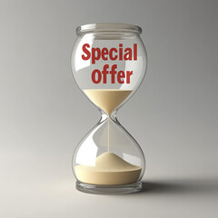 3D rendering of an hourglass with sand trickling down, "Special offer!" in bold red letters, time-sensitive sale