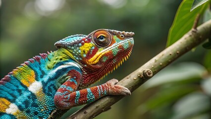 Obraz premium A green iguana, a tropical reptile with scaled skin and a watchful eye, perches on a tree branch in its wild habitat