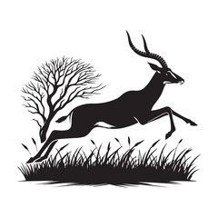 Antelope leaping across grass Silhouette Vector Illustration, Solid White Background.